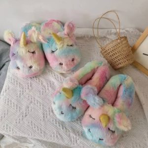 Pantoufle arc en ciel licorne